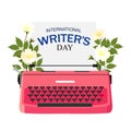 International Writer\'s Day. Writer\'s Day. Pink typewriter with flowers.